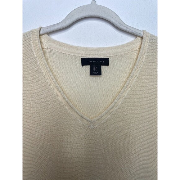 Tahari Small Linen Sweater Pale Yellow Knit V-Neck 3/4 Sleeve Pullover Oversized - Picture 3 of 8